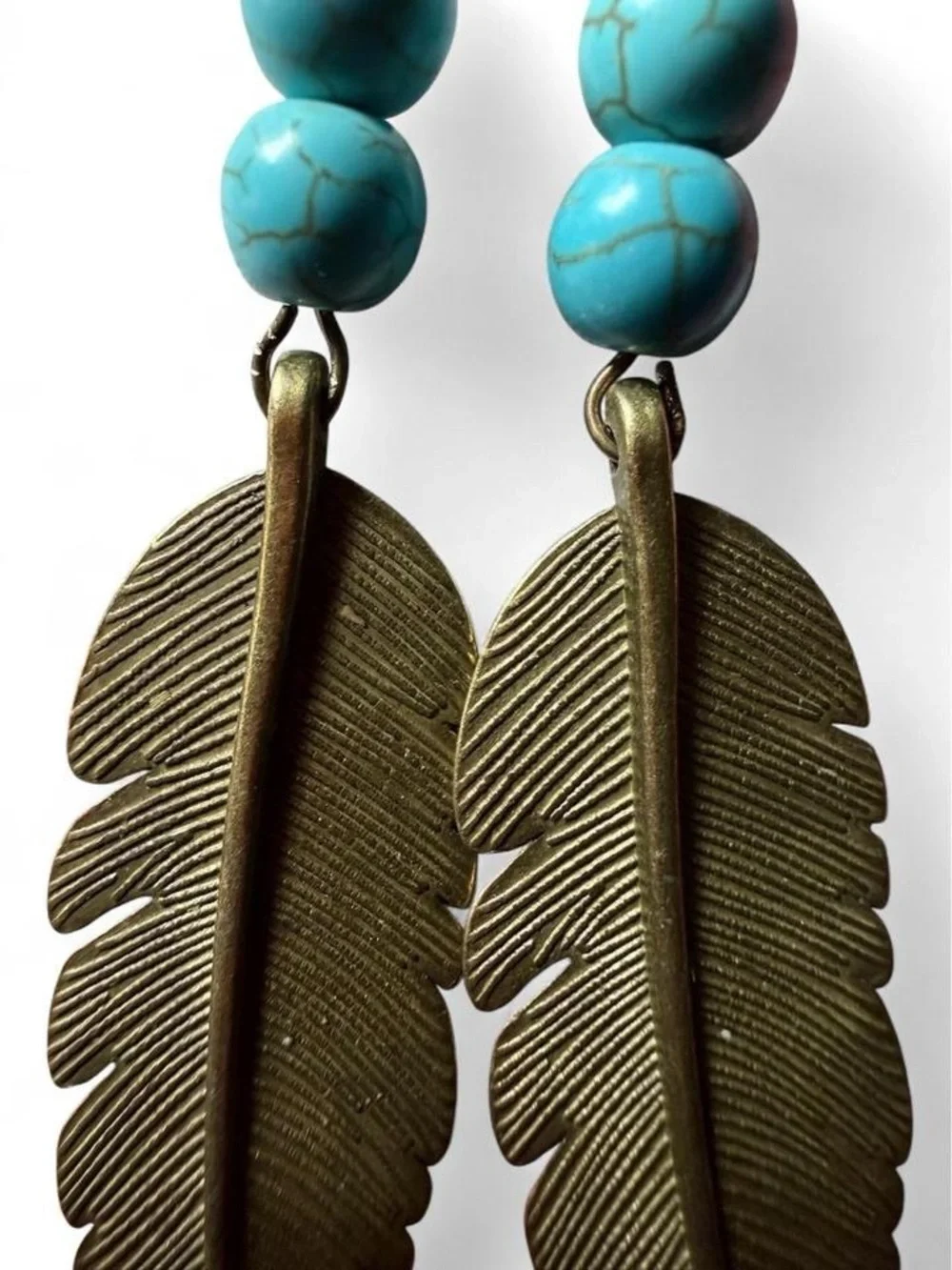 Boutique Handmade Turquoise Feather Boho Statement Earrings - NEW - Picture 3 of 5